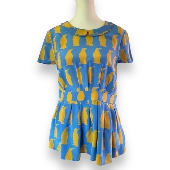 Charlotte By Charlotte Taylor Blue & Yellow Penguin Print Silk Blouse | Size 4 - Picture 1 of 14